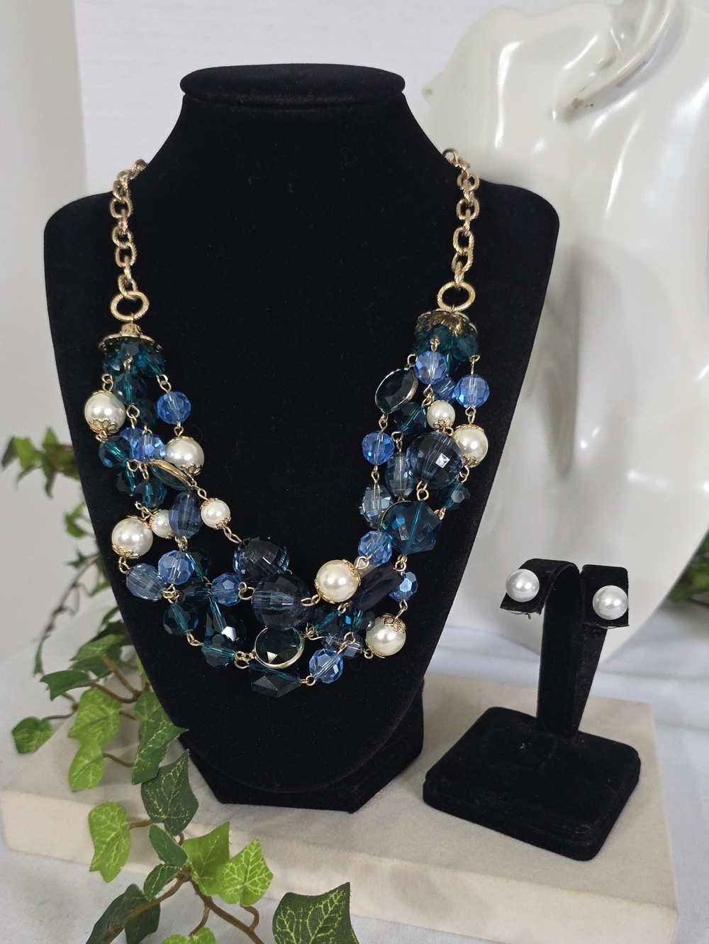 Blue Beaded Cluster Statement Necklace Set Matching Faux Pearl Studs